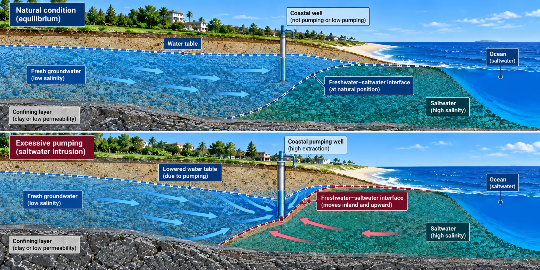 Coastal saltwater intrusion diagram showing fresh groundwater, ocean saltwater, a coastal pumping well and the freshwater-saltwater interface moving inland and upward under excessive pumping.