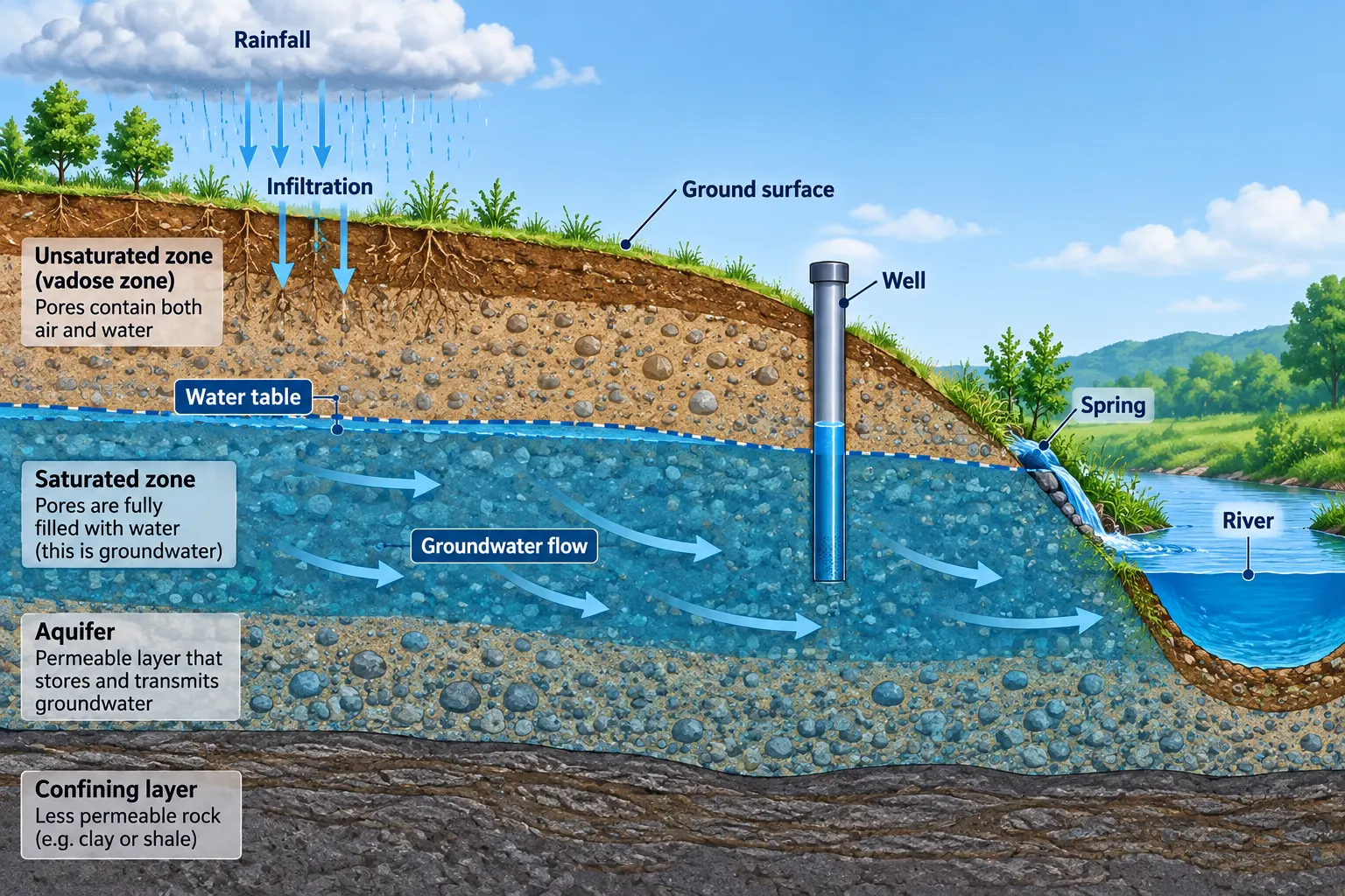 How groundwater works showing rainfall, infiltration, the unsaturated zone, water table, saturated zone, aquifer, groundwater flow, well, spring and river.