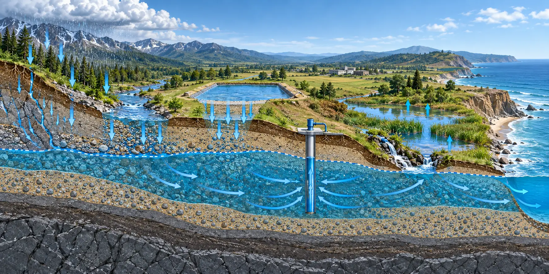Groundwater recharge and discharge diagram showing rain, river and recharge basin infiltration, aquifer flow, pumping well, spring, gaining river, wetland and groundwater seepage to the sea.